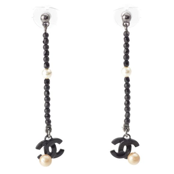 Chanel Pearl Beaded Coco Mark Pierced Earrings For Both Ears Accessories Black - Picture 1 of 10
